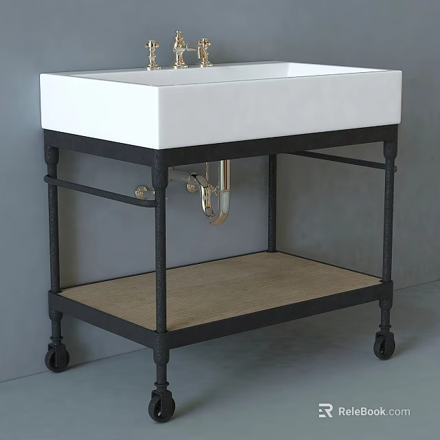 Industrial Style Washstand With White Countertop Black Metal Frame And Wooden Shelf On Wheels 3d model 
