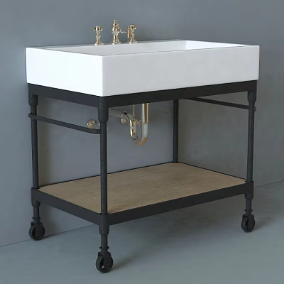 Industrial Style Washstand With White Countertop Black Metal Frame And Wooden Shelf On Wheels 3d model