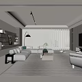 Modern Living Room Interior Design With White Sofa Beige Armchair Stone Pillar And Large Windows