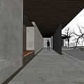 Modern Courtyard Garden Walkway With Wooden Ceiling Concrete Walls Bench Trees And Person Walking