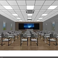 School Classroom Interior With Large Screen Desks Chairs Ceiling Lights And Windows 3d model