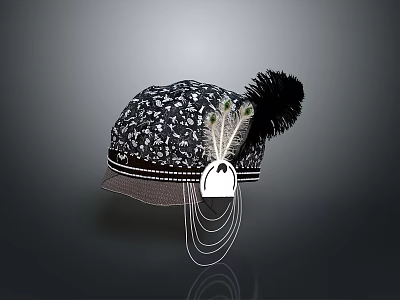 Stylish Fashionable Hat with Black White Pattern Feather Decor and Hanging Ornaments 3d model