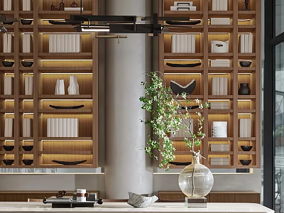 Book Art Modern Bookshelf Display With Wooden Shelves Green Plant And Vase 3d model