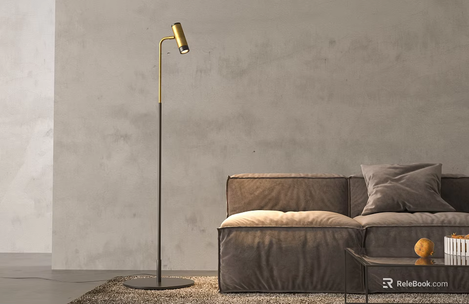 Modern Floor Lamp with Gold Black Pole in Living Room by Gray Sofa on Rug 3d model 