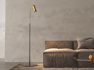 Modern Floor Lamp with Gold Black Pole in Living Room by Gray Sofa on Rug 3d model