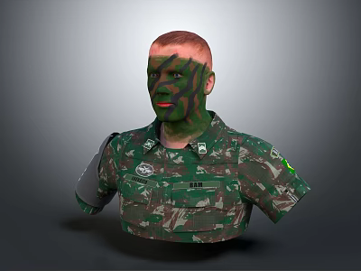 Man In Green Camouflage Military Uniform With Camouflage Face Paint And Badges 3d model