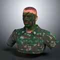 Man In Green Camouflage Military Uniform With Camouflage Face Paint And Badges