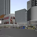 Modern Commercial Street With Glass Curtain Wall Buildings Outdoor Plaza Food Trucks And Pedestrians