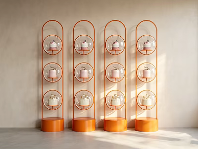 Elegant Display Window with Orange Curved Shelves Three Circular Glass Tiers Pink Teapots Light Wall 3d model
