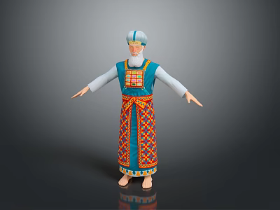Man Wearing Traditional Blue And Orange Patterned Costume With Headscarf And Arms Outstretched 3d model