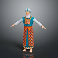 Man Wearing Traditional Blue And Orange Patterned Costume With Headscarf And Arms Outstretched