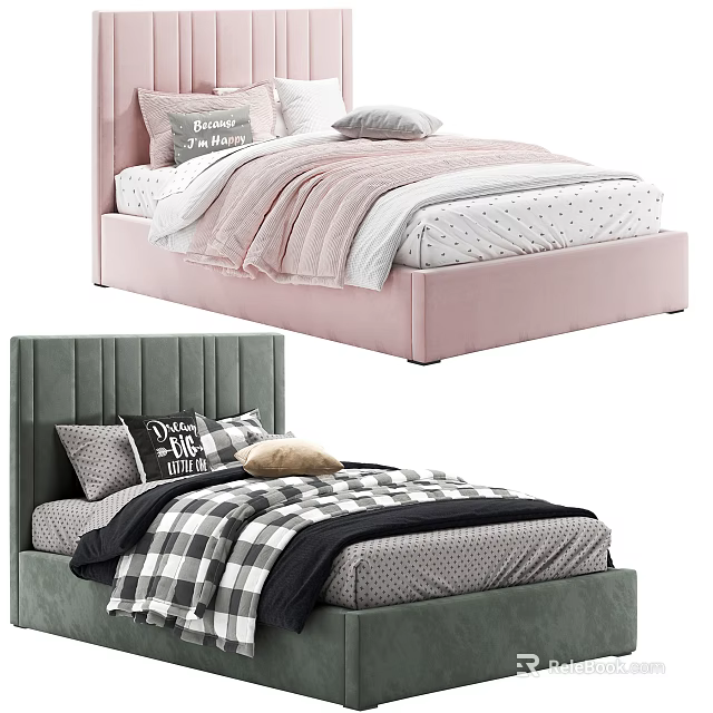 Single Bed with Pink Green Velvet Headboard Dream Theme Pillows Cozy Bedding 3d model 