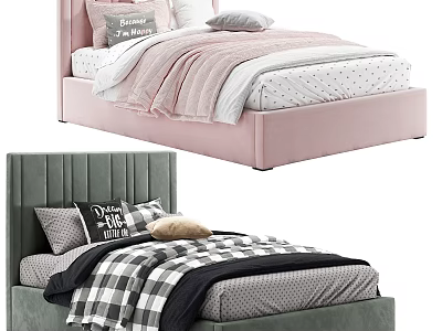 Single Bed with Pink Green Velvet Headboard Dream Theme Pillows Cozy Bedding 3d model