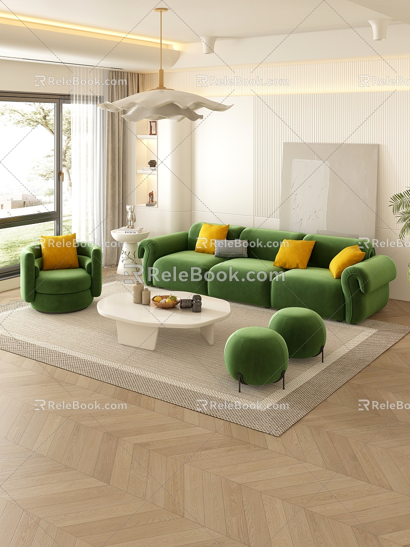 Cream Style Living Room Fabric Sofa Combination 3d model