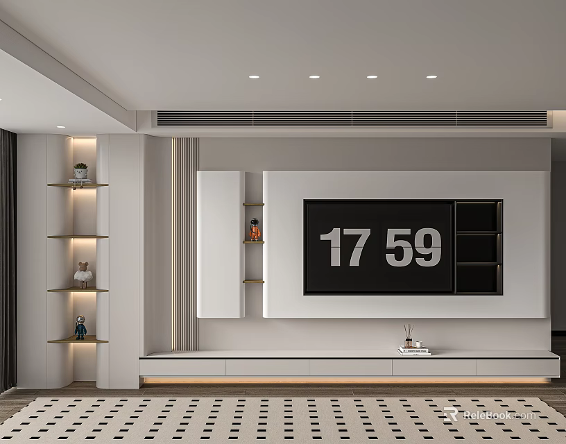 Modern TV Background Wall Design With White Panel Side Shelves And Storage Cabinet 3d model 