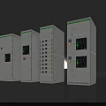 Multiple Industrial Control Cabinets With White Body Green Labels Display Screens And Control Panels