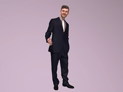 Man in dark suit white shirt and tie standing naturally against light purple background 3d model