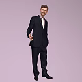 Man in dark suit white shirt and tie standing naturally against light purple background