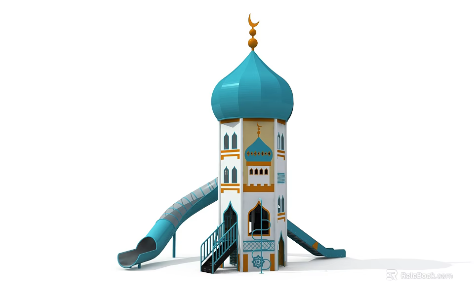Mosque Style Play Tower With Blue Dome Crescent And Slides For Kids 3d model 