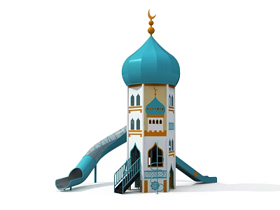 Mosque Style Play Tower With Blue Dome Crescent And Slides For Kids 3d model