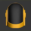 3D Rendered Black And Gold Helmet With Glossy Surface Metallic Frame Reflective Base