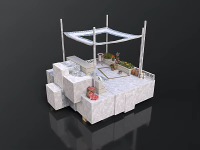 Modern Outdoor Patio Structure With Canopy Stone Platform And Potted Plants 3d model