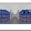 Warehouse Interior With Blue Racks Cardboard Boxes Green Floor White Columns and Lights