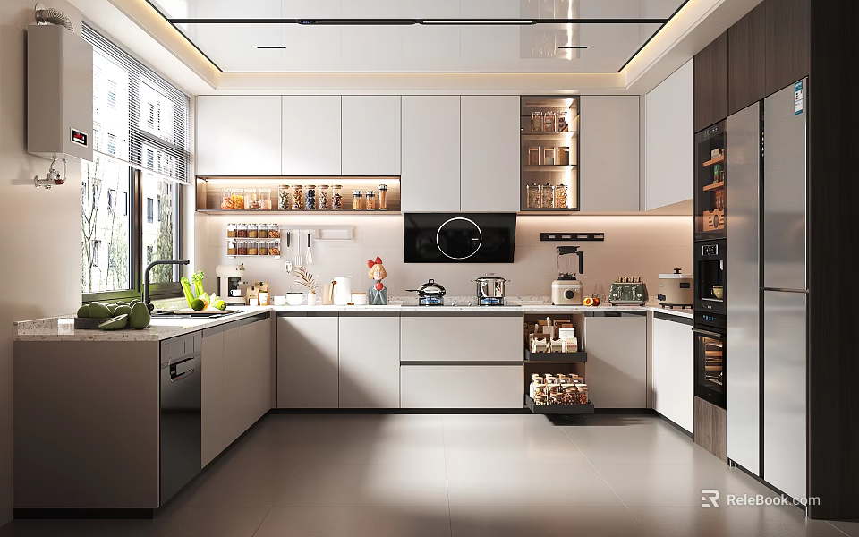 Modern Kitchen Interior Design With White Cabinets Stainless Steel Appliances And Bright Lighting 3d model 