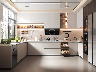 Modern Kitchen Interior Design With White Cabinets Stainless Steel Appliances And Bright Lighting 3d model