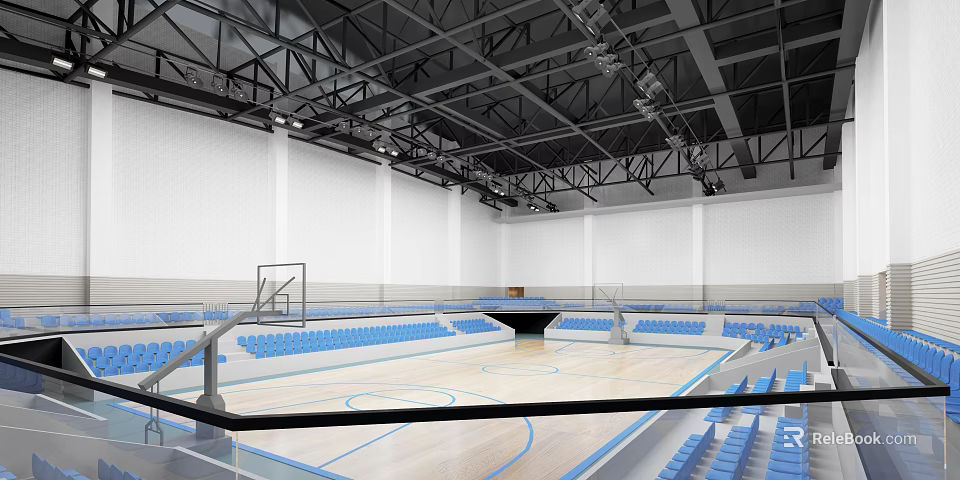 Spacious Basketball Gymnasium With Blue Seats Wooden Floor White Walls Metal Ceiling And Lighting Fixtures 3d model 