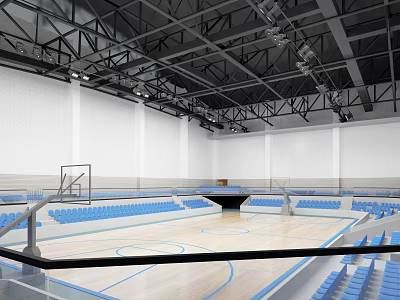 Spacious Basketball Gymnasium With Blue Seats Wooden Floor White Walls Metal Ceiling And Lighting Fixtures 3d model