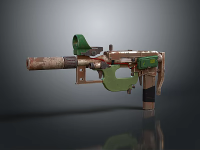 Rusty Barrel Firearm With Green Components And Mechanical Structure Design 3d model