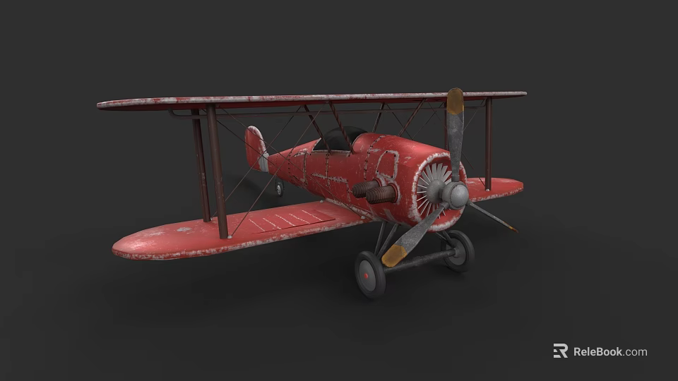Red Vintage Biplane Model With Distressed Paint And Propeller Design 3d model