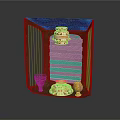 Wooden Display Shelf With Colorful Top Decorative Ceramic Jars And Small Yellow Decor