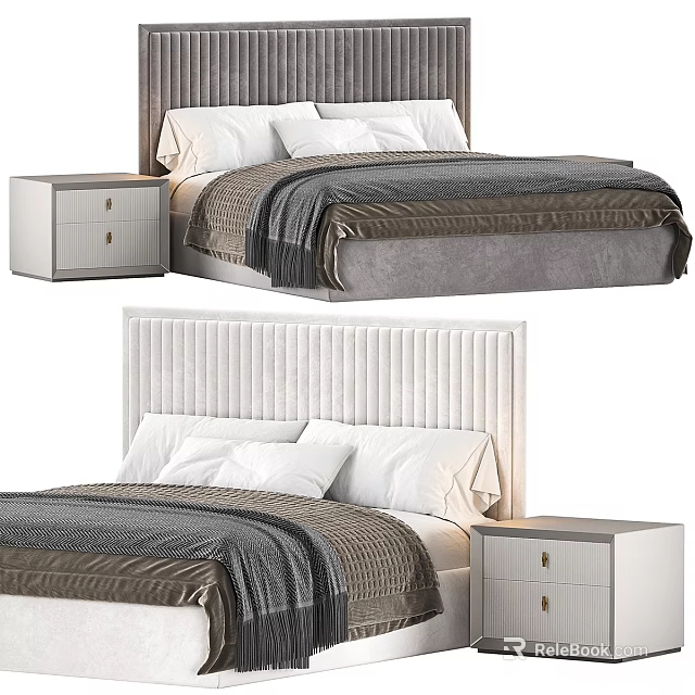 Elegant Bedroom Bed Set With Textured Striped Headboards White Nightstands And Gray Bedding 3d model 