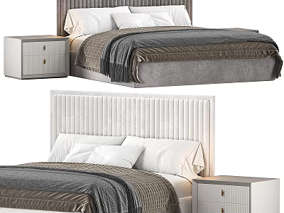 Elegant Bedroom Bed Set With Textured Striped Headboards White Nightstands And Gray Bedding 3d model