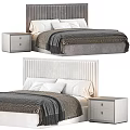 Elegant Bedroom Bed Set With Textured Striped Headboards White Nightstands And Gray Bedding