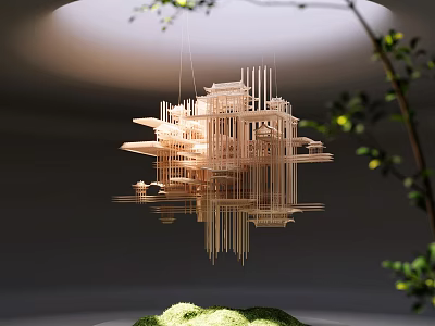 Intricate Wooden Hanging Sculpture Carving With Modern Structural Design And Green Plants 3d model