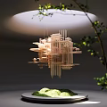 Intricate Wooden Hanging Sculpture Carving With Modern Structural Design And Green Plants