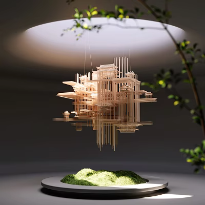 Intricate Wooden Hanging Sculpture Carving With Modern Structural Design And Green Plants 3d model