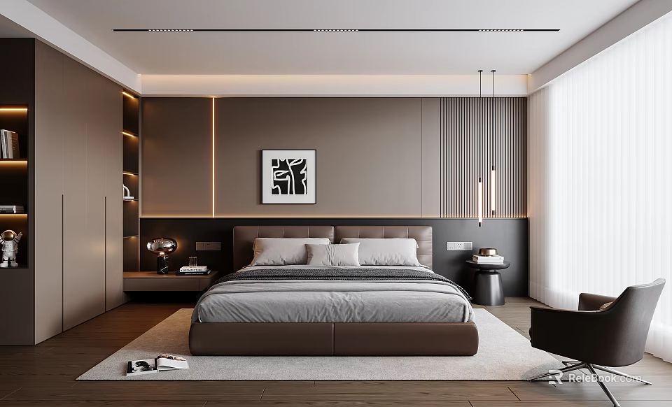 Modern Elegant Bedroom Interior With Platform Bed Artwork Pendant Lights Nightstand And Wooden Floor 3d model 