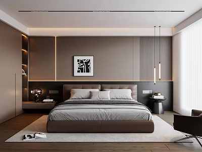 Modern Elegant Bedroom Interior With Platform Bed Artwork Pendant Lights Nightstand And Wooden Floor 3d model
