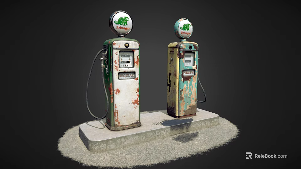 Vintage Industrial Fuel Pumps With Rustic Appearance And Round Top Signs On Concrete Base 3d model 