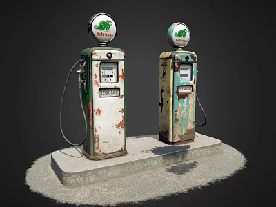 Vintage Industrial Fuel Pumps With Rustic Appearance And Round Top Signs On Concrete Base 3d model