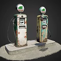 Vintage Industrial Fuel Pumps With Rustic Appearance And Round Top Signs On Concrete Base