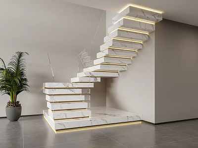 Modern Marble Staircase With Built-in Lighting And Glass Railings In Contemporary Interior 3d model