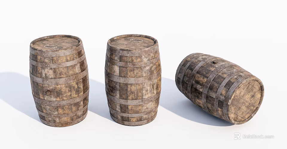 Rustic Wooden Barrels With Metal Hoops For Home Decor And Storage 3d model 