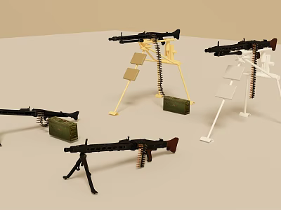 Display Of Various Colored Machine Guns With Tripods Ammunition Belts And Ammunition Boxes 3d model