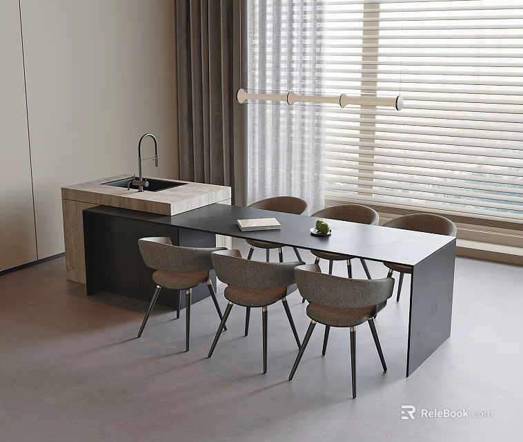 Modern Dining Table With Chairs Set Near Window Blinds And Hanging Lights 3d model