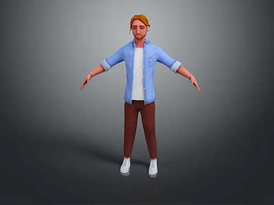 A Man With Blonde Hair Wearing Blue Shirt White T-Shirt Brown Pants And White Shoes 3d model